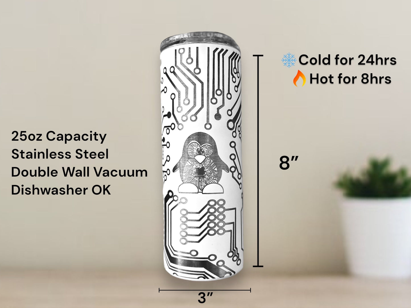 Computer Penguin Circuit Board Glow-in-the-Dark Tumbler with Straw