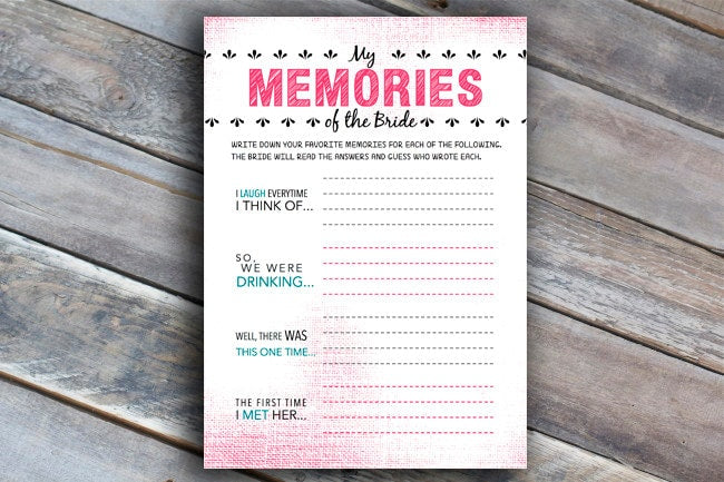 Bachelorette Party Memory Game or Bridal Shower Game - Printable