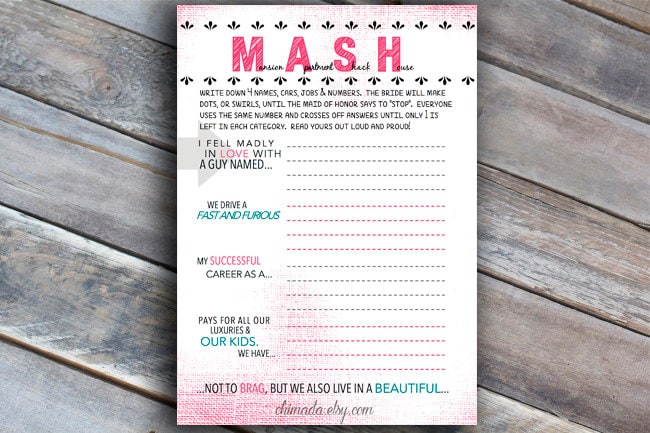 Bachelorette Party MASH Game Bridal Shower - Printable